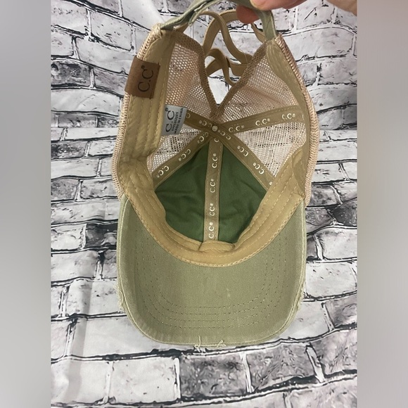 C.C. Crisscross Band Ponytail Hat ENID AXE Distressed Tan Cap - Picture 3 of 8